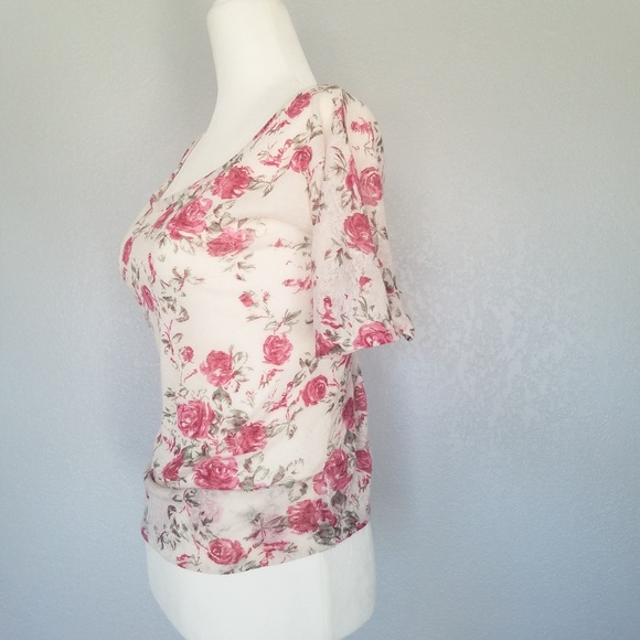Wet Seal Pink Rose Print Peasant Blouse - Picture 2 of 5